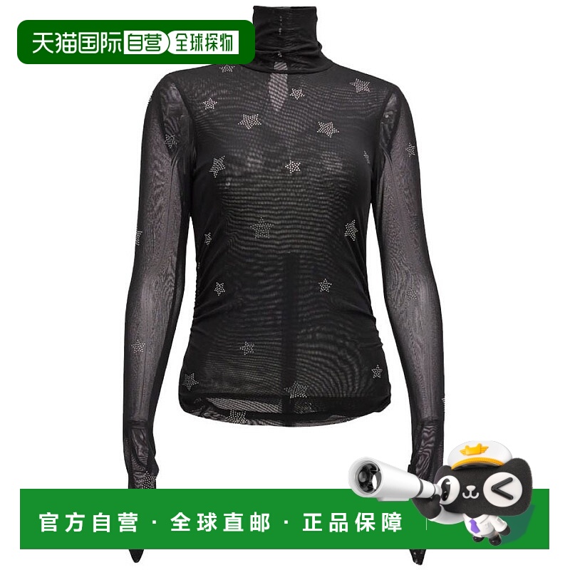 自营Cinq a Sept Women's Black Rhinestone Star Shirred Mesh T