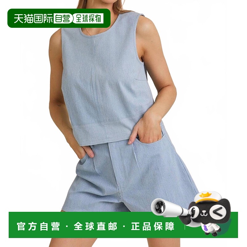 自营gilliAnna Striped Pleated Short In Light Denim/white - l