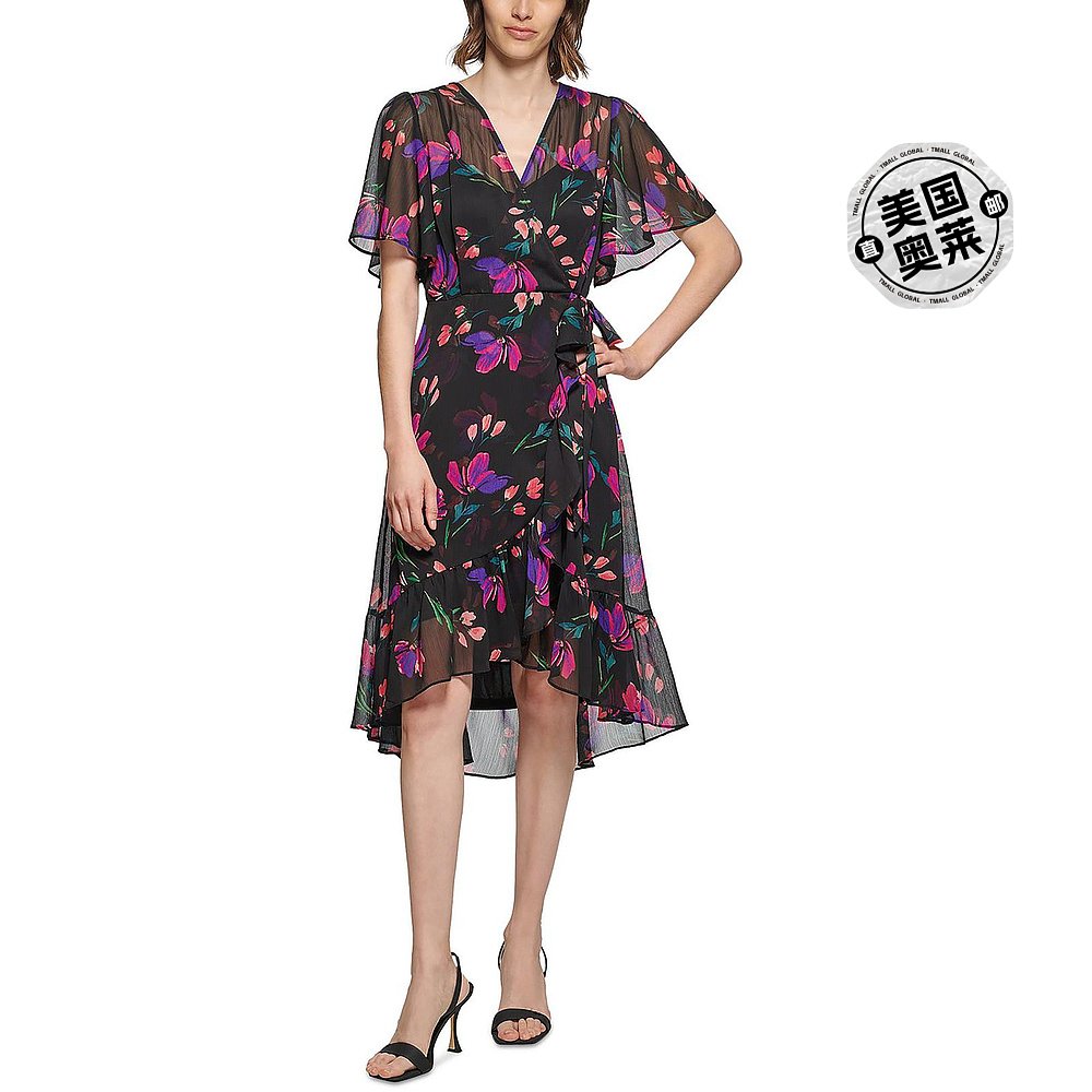 calvin klein女士 Floral Print Hi-Low Wrap Dress black multi