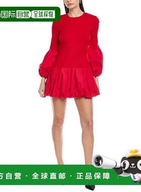 自营CeCe Mix Media Balloon Rib Knit Dress - red 美国奥莱直发