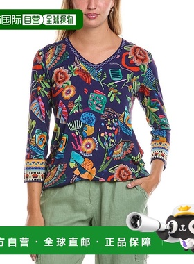 自营johnny was约翰尼是珍妮喜欢的3/4袖V领T恤-蓝色 美国奥莱直