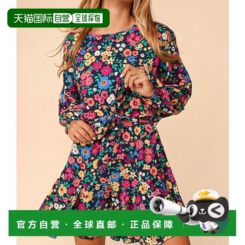 自营 haptics海军蓝长袖花朵梭织连衫-海军蓝 美国奥莱直发连体衣