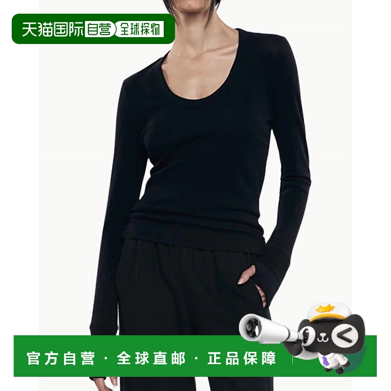 自营enza costaCashmere Easy Cuffed Scoop Neck Sweater In Bla