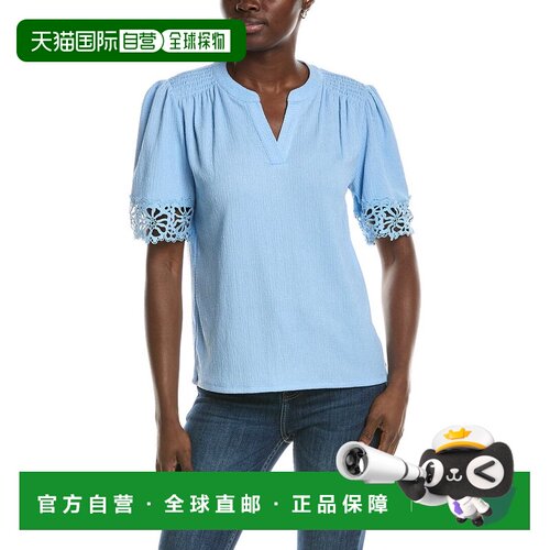 自营Anne Klein Flutter袖子蕾丝装饰上衣-蓝色 美国奥莱直发