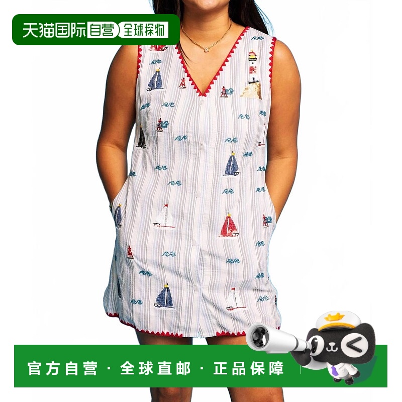 自营queen of sparklesStriped Sailboat V Neck Tank Dress In M