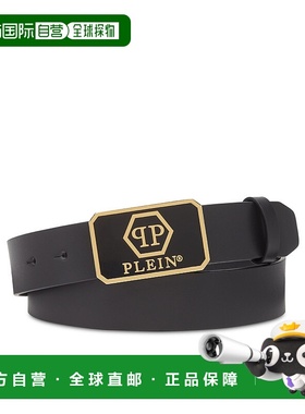 自营philipp pleinLeather Belt Hexagon - black/gold 美国奥莱