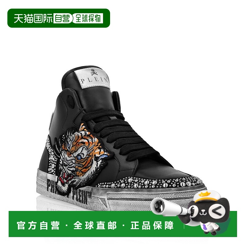 自营philipp plein皮革高帮运动鞋Retrokackz Tiger-黑色/黑色 美