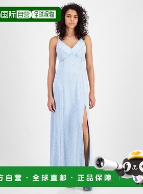 自营 Guess Cruz Maxi连衣裙女式蓝色花朵牛仔前襟开叉V领UPS573-