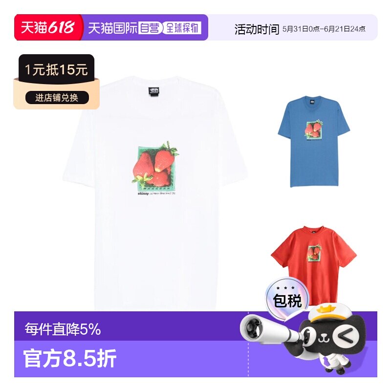 美国直邮 Stussy 男女同款 草莓印花图案罗纹圆领短袖T恤