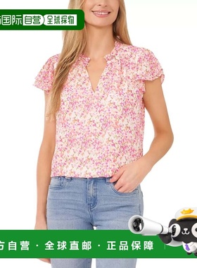 自营Women's CeCe Blouse Top Pink Floral Split Neck Flutter S