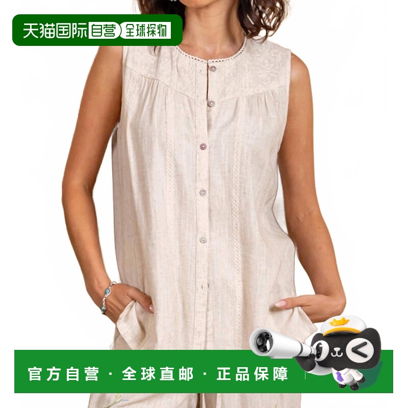 自营paparazziEmbroidered Linen Blend Sleeveless Shirt In Oat