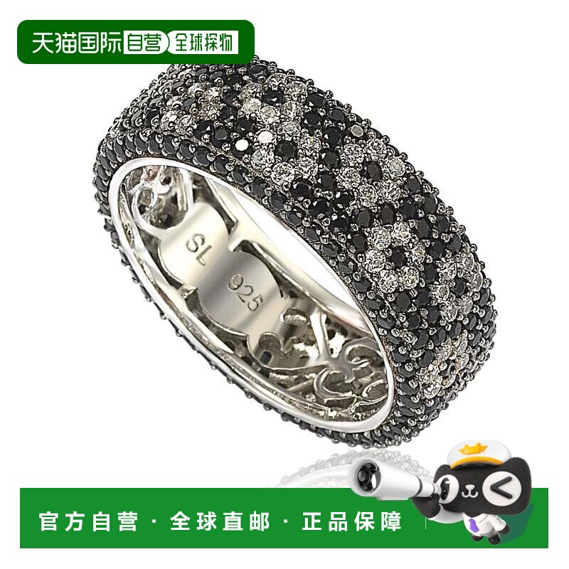自营Suzy Levian 纯银方晶锆石白色和黑色密镶花朵永恒戒指 - 黑