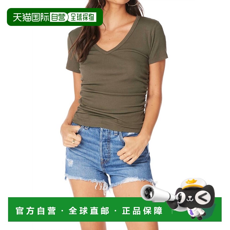 自营bobiShort Sleeve Side Shirred V-Neck Tee In Olive - oliv