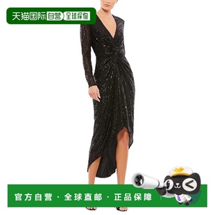 美国奥莱直发 黑色 自营Mac Duggal亮片高低腰扭曲Midi连衣裙