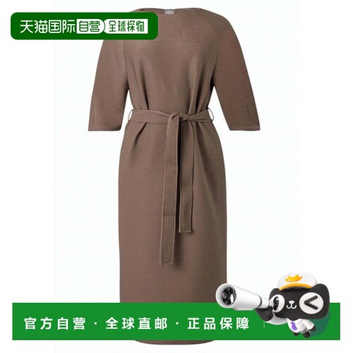 自营max mara圆领3/4袖束带休闲连衣裙-棕色 美国奥莱直发