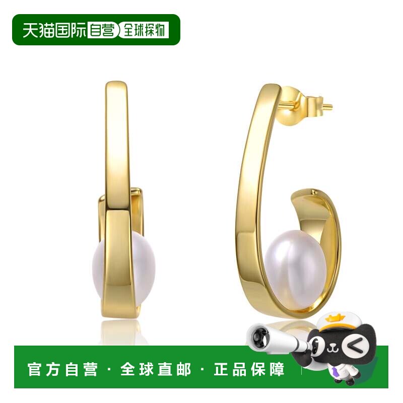 自营 genevive纯银 14k 黄金镀白珍珠丝带半环吊式耳环 - 金 美国