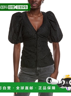 自营GANNI Jacquard Organza Gathered V-Neck Blouse - black 美