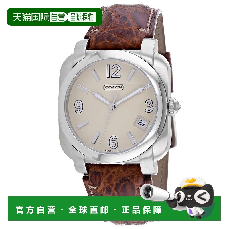 自营Coach男式棕色皮革银色石英米色表盘手表-米色 美国奥莱直发
