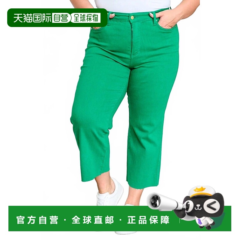 自营judy blue女神Tummy控制宽腿裁剪牛仔裤-加绿色-绿色 美国奥