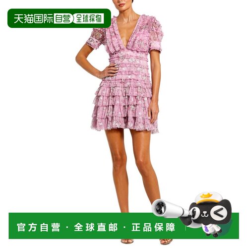 自营Mac Duggal V-Neck Floral Mesh Ruffle Mini Dress - purple