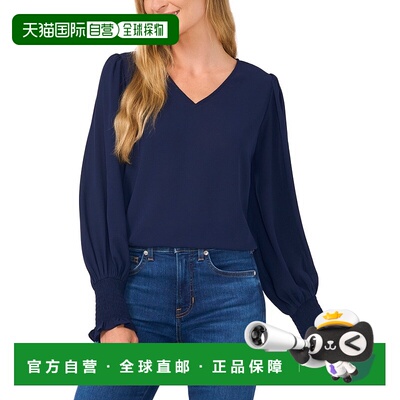 自营 Cece Top女式蓝色烟熏泡泡袖V领衬衫Preppy Modest ERK1313-
