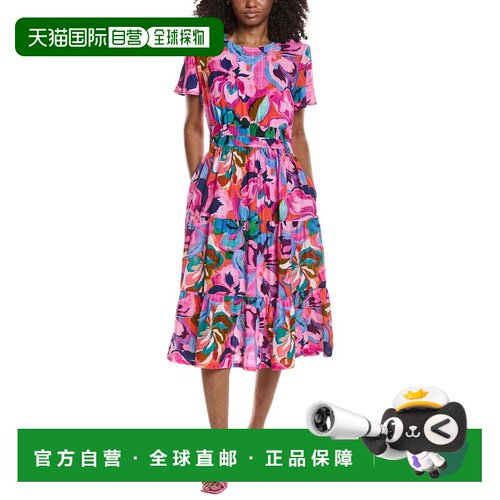 自营Johnny Was Smocked Tiered Linen-Blend Midi Dress - pink