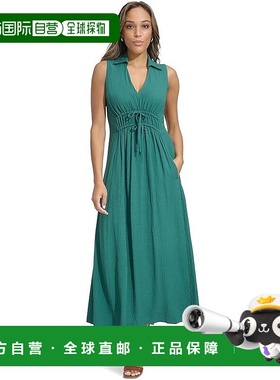自营 calvin klein凯文克莱纱布连衣裙女式绿色褶边无袖领Preppy