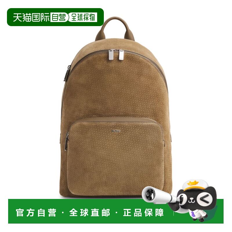 自营boss双肩包，字母图案压花绒面革-卡其色 美国奥莱直发