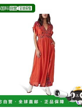 自营 Free People Maisle连衣裙女式红色花朵V领侧边开叉UPS127-