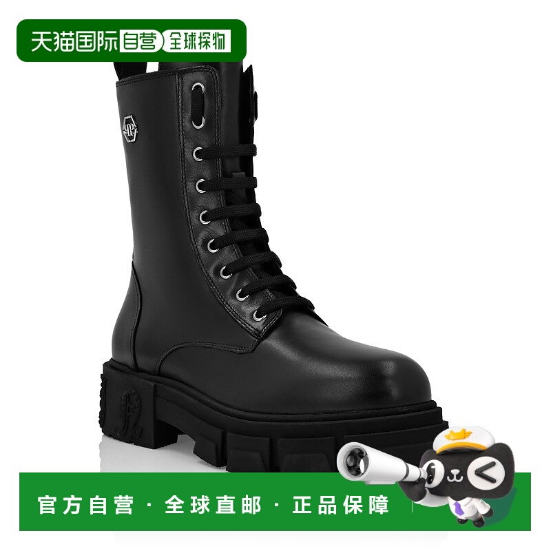 自营 philipp plein小牛皮中筒平底六角靴 - 黑色 美国奥莱直发