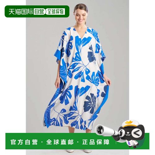 自营Natori Palma Caftan女士蓝色Milti花卉边开叉v领DDR2225-蓝