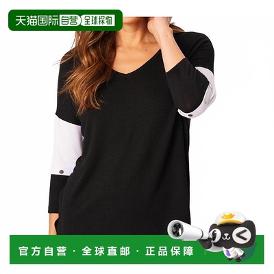 自营french kyssV-Neck Long Sleeve Top In Black/white - black
