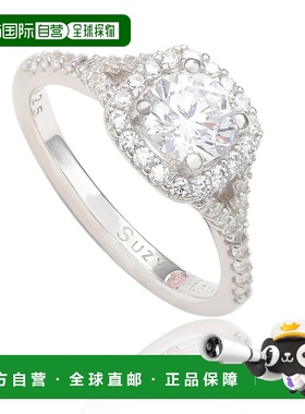 自营 Suzy Levian 纯银白色圆形切割立方氧化锆光环戒指 - 白色