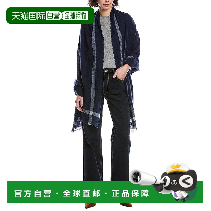 自营Vince轻质镶边条纹羊绒围巾-蓝色 美国奥莱直发