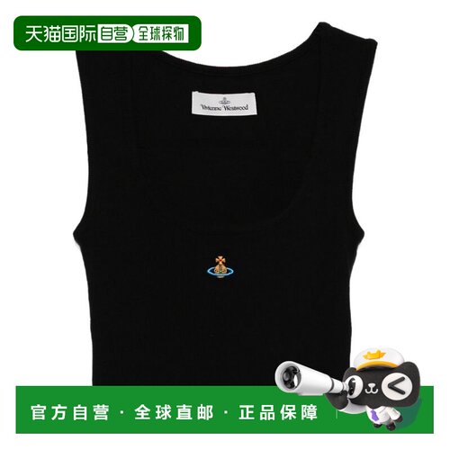 自营vivienne westwoodBlack Ribbed Scoop Neck Orb Top - black