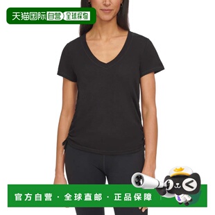 自营calvin klein凯文克莱女式T恤黑色纹理V领抽绳褶边上衣FTS564