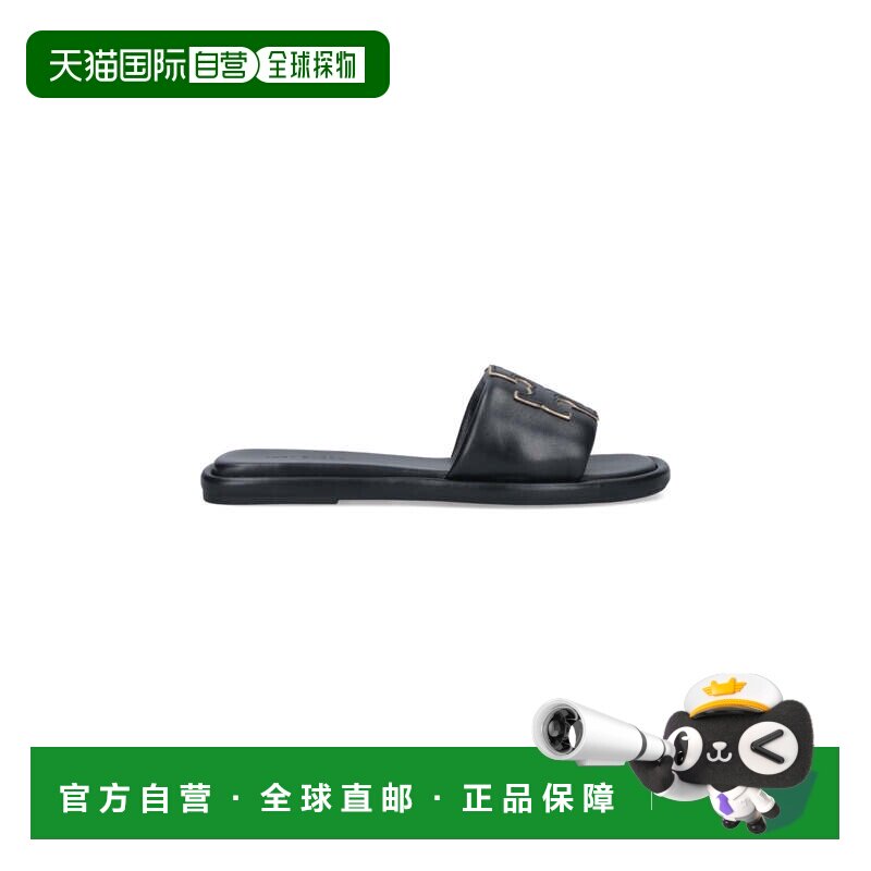 自营tory burch黑色双T纳帕皮革凉鞋-黑色 美国奥莱直发拖鞋