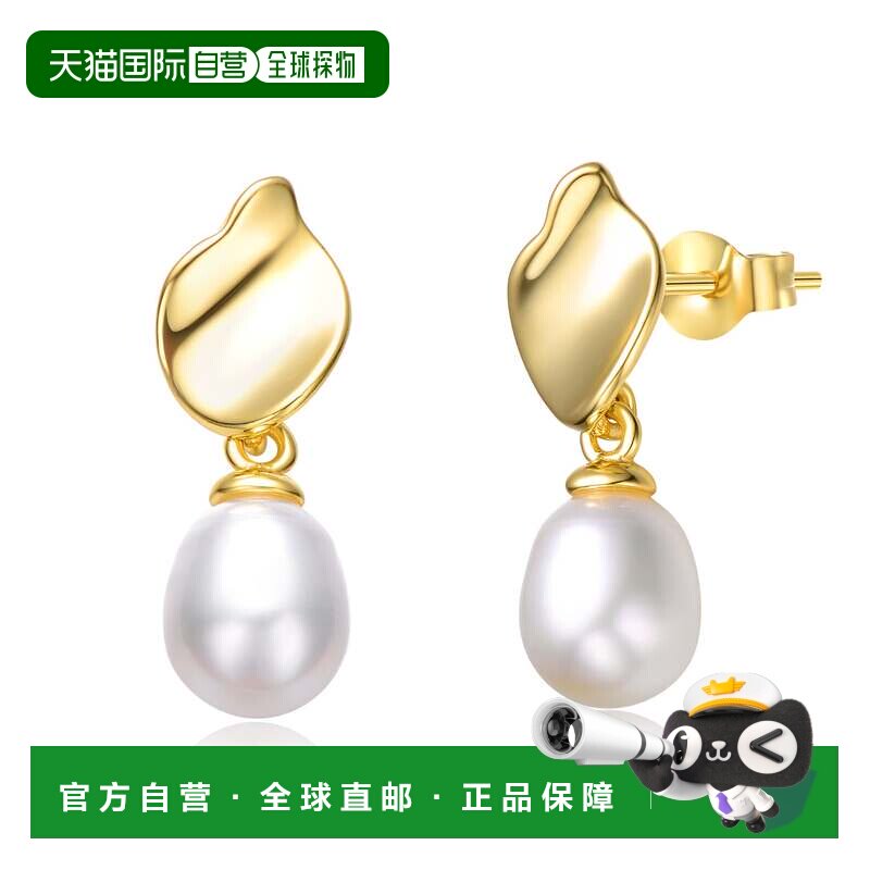 自营 genevive纯银 14k 黄金镀椭圆形白色珍珠贝壳设计双吊坠耳环