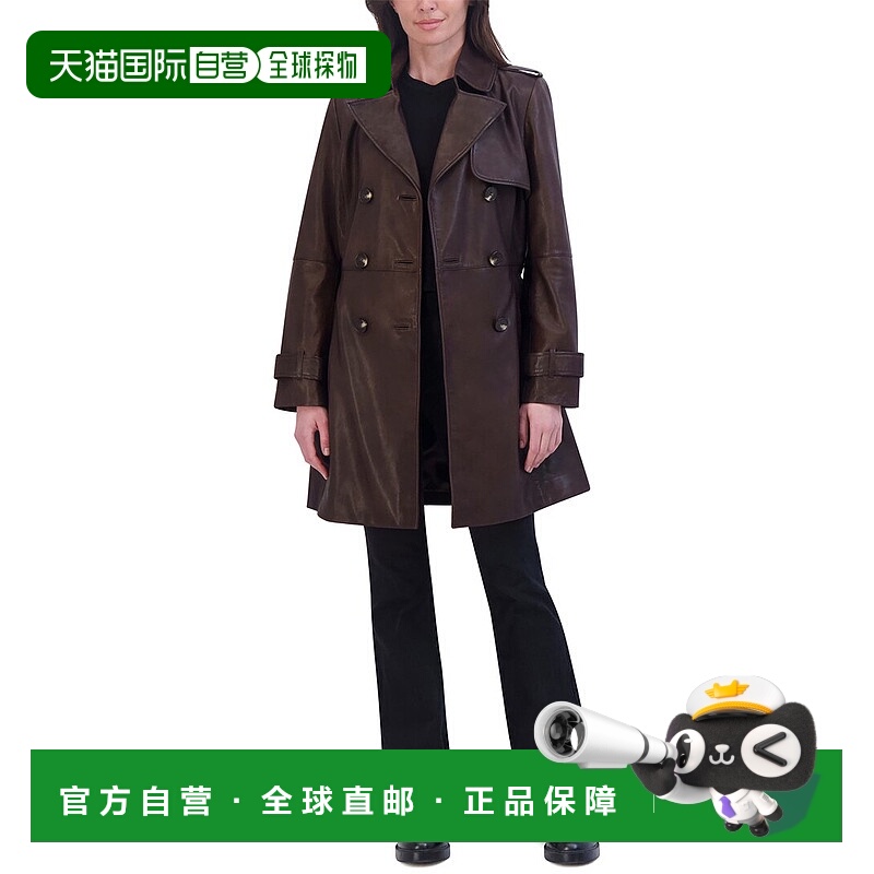 自营Tahari Natalie中号皮革风衣-棕色 美国奥莱直发