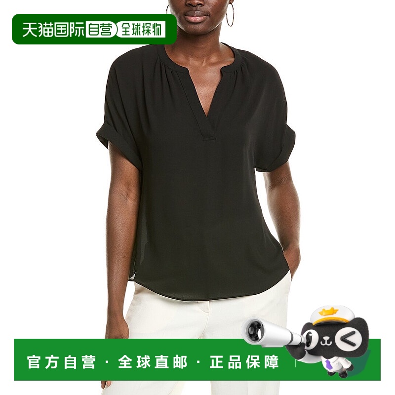 自营T Tahari Split Neck Rolled Cuff Blouse - black 美国奥莱