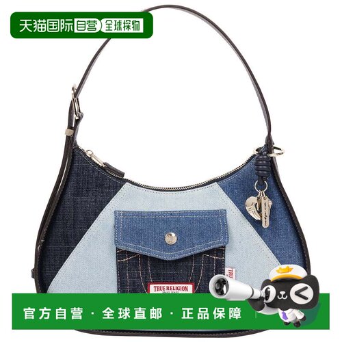 自营True Religion Color Block Denim Zip Top Hobo Bag with Si