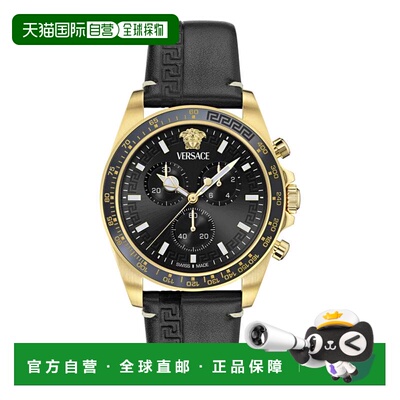 自营versaceGreca Chrono Wave Leather Watch - black/gold/blac