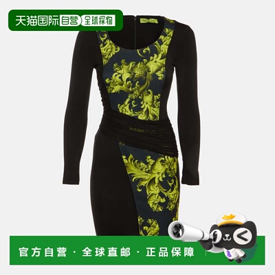 自营Versace Jeans Black Baroque Print Cady Ruched Bodycon Dr