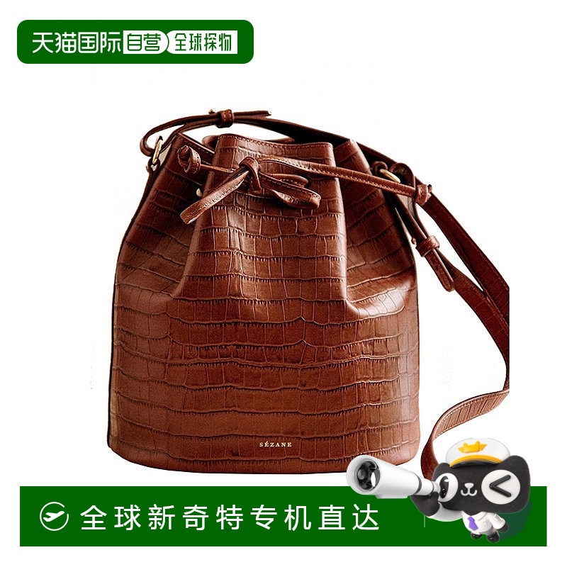 欧洲直邮Sezane23新款驼色鳄鱼纹压纹皮革系带单肩斜挎手提水桶包