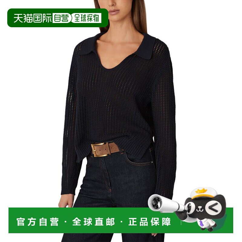 自营Reiss Matilda开襟针织真丝衣领混纺上衣-海军蓝 美国奥莱直