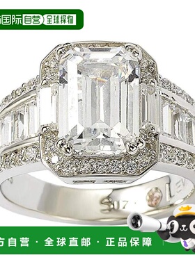 自营 Suzy Levian 纯银白色祖母绿切割立方氧化锆订婚戒指 - 白色