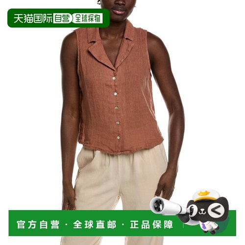 自营Bella Dahl无袖缺口领纽扣向下亚麻衬衫-棕色 美国奥莱直发