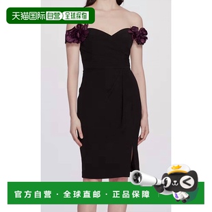 美国奥莱直发 黑色 自营 marchesa黑色露肩垂坠鸡尾酒礼服
