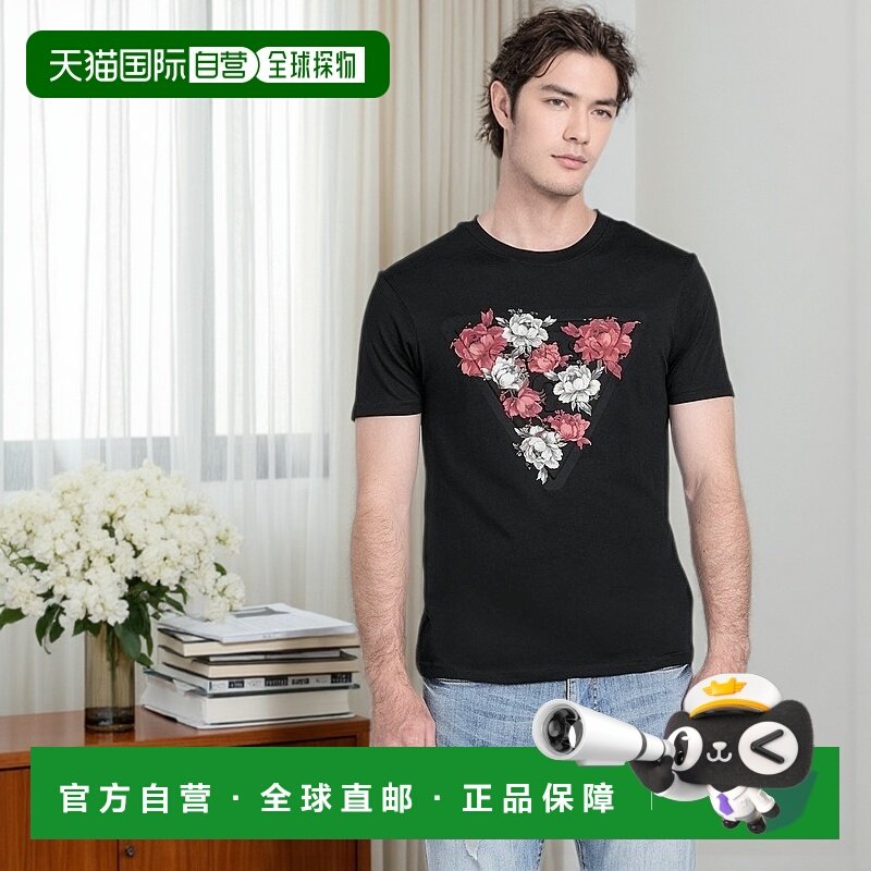 自营 guess罗斯林花卉标志T恤 - 黑色 美国奥莱直发新款