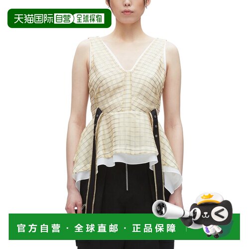 自营3.1 Phillip Lim格子欧根纱无袖v领荷花真丝上衣-黄色 美国奥